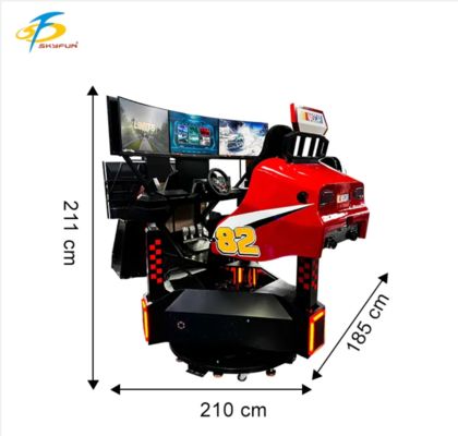 Máy game đua xe 3 màn hình màu đỏ – Xoay 360°, Phản hồi lực, Âm thanh 3D, Tốc độ làm tươi cao, Mô phỏng lái xe VR sống động cho FEC và khu trò chơi