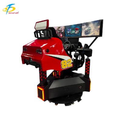 Máy game đua xe 3 màn hình màu đỏ – Xoay 360°, Phản hồi lực, Âm thanh 3D, Tốc độ làm tươi cao, Mô phỏng lái xe VR sống động cho FEC và khu trò chơi